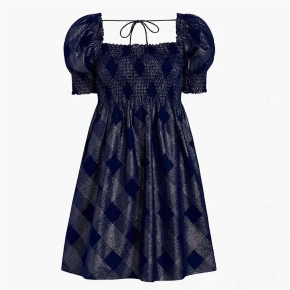 Hill House Athena Nap Dress Navy Glitter Check Short Puff Sleeve Mini Size XS
